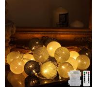 Ciskotu Guirlande Lumineuse Coton Boules Alimenté par pile, 20 LED Dimmable Guirlande Lumineuse Boule avec Télécommande, LED Guirlande Boule Lumineuse Intérieur pour Chambre Enfant Noël Fête (Gris)