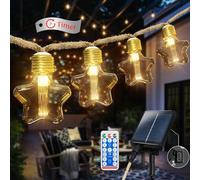 Ciskotu Guirlande lumineuse solaire d'extérieur, 8 m 15 ampoules 8 modes LED étoile corde en chanvre résistante aux intempéries, pour jardin, balcon, terrasse