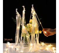 CISSIYOG 24pcs Bâton Magique de Mariage à Ruban avec Lumière LED Chaude, Accessoire Féerique Rougeoyant pour Décoration de Fête, Cérémonie, Anniversaire, Événement (Blanc)
