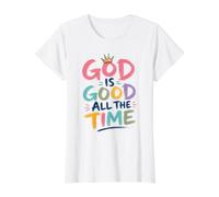 Citation chrétienne colorée avec Inscription « God is Good All The Time » T-Shirt Graphique avec Valeur, Femme, Blanc, S
