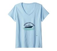 Citation « Cruising is My Therapy Vacation Lover Ocean Getaway » T-Shirt avec Col en V, Femme, Bleu Céleste, S