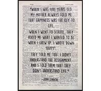 Citation de John Lennon sur le bonheur, art imprimé façon page de dictionnaire