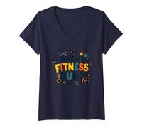 Citation de Motivation pour Faire du Fitness Une éducation Physique Amusante T-Shirt avec Col en V, Femme, Bleu Marine, M