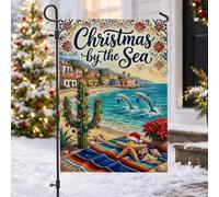 Citation de Noël sur la plage côtière, citation de cactus 30,5 x 45,7 cm | Thème vacances côtières, drapeau de pelouse, dauphins sautants, motif de couverture mexicaine, fleurs de poinsettia