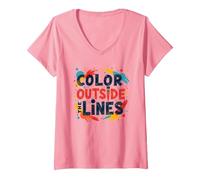 Citation inspirante Artistique Color Outside The Lines T-Shirt avec Col en V, Femme, Rose, L