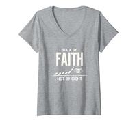 Citation inspirante chrétienne « Walk by Faith Not by Sight » T-Shirt avec Col en V, Femme, Gris Chiné, S