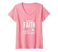 Citation inspirante chrétienne « Walk by Faith Not by Sight » T-Shirt avec Col en V, Femme, Rose, S