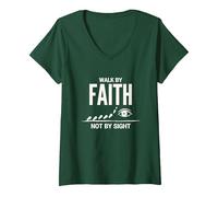 Citation inspirante chrétienne « Walk by Faith Not by Sight » T-Shirt avec Col en V, Femme, Vert Forêt, XXL