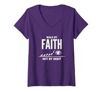 Citation inspirante chrétienne « Walk by Faith Not by Sight » T-Shirt avec Col en V, Femme, Violet, L