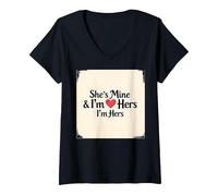 Citation Romantique « I Heart My Girlfriend : She's Mine & I'm Hers » T-Shirt avec Col en V, Femme, Noir, L