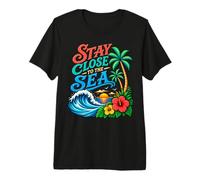 Citation « Stay Close to The Sea Ocean Wave Palm Trees Sunset » T-Shirt Haut de Gamme