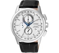Citizen AT8110-11A Montre à Quartz pour Homme avec Radio, chronographe, Bracelet en Cuir, Noir/Blanc., Misura Unica, Bijoux