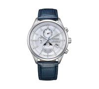 Citizen BY1030-09A Montre solaire radio-pilotée pour homme avec phase de la lune en acier inoxydable argenté avec bracelet en cuir
