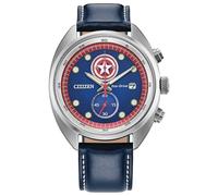 Citizen Chronographe Eco-Drive Captain America 85e Anniversaire et pièce de Collection, boîtier en Acier Inoxydable argenté de 41 mm avec Bracelet en Cuir Bleu et Cadran Bleu (Style