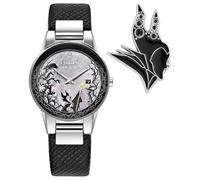 Citizen Coffret à breloques Eco Drive Maléfique pour femme, méchants Disney, montre en acier inoxydable, bracelet en cuir noir (GA1080-41Y), Argenté, Classique