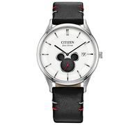 Citizen Eco-Drive Disney Montre Mixte Mickey Mouse Acier Inoxydable Bracelet Cuir, Bracelet Noir, Argent-Blanc