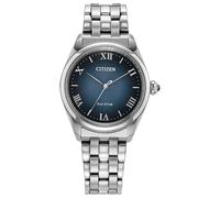 Citizen Eco-Drive Dress L Classic Montre bracelet en acier inoxydable argenté Cadran bleu marine 3 aiguilles Modèle : EM1140-80L