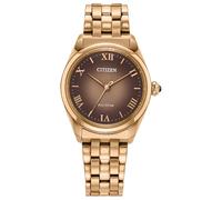 Citizen Eco-Drive Dress L Classic Montre bracelet en acier inoxydable doré rose Cadran marron 3 aiguilles Modèle : EM1143-81Z