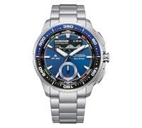 Citizen Eco-Drive WaveTracker pour Homme : boîtier en Acier Inoxydable argenté de 42 mm avec Un Cadran Bleu Soleil et Un écran LCD MIP (Style : JV3006-50L)