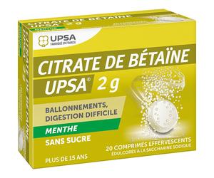 CITRATE DE BETAINE UPSA 2G MENTHE SANS SUCRE, comprimé effervescent édulcoré à la saccharine sodique Comprimés Effervescents 20 pc(s)