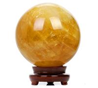 Citrine Calcite Crystal Sphere Yellow Gemstone Ball with Wood Stand Divination Sphere Sculpture Figurine Feng Shui Aura Home Desk Decor,140mm/5.5in