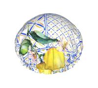 Citron Vintage Fruits d'Été Bleu Ethnique,Bonnet de douche/bonnet de nuit double couche imperméable et élastique, bonnet de bain réutilisable