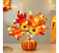 Citrouille, arbre lumineux, décoration d'automne, 35 cm, avec guirlande lumineuse à 20 LED, feuille d'érable, tournesol, fonctionnement à piles, décoration d'automne, arbre LED pour table (A)