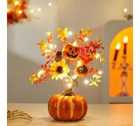 Citrouille, arbre lumineux, décoration d'automne, 35 cm, avec guirlande lumineuse à 20 LED, feuille d'érable, tournesol, à piles, décoration d'automne à LED, pour table (D)