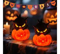 Citrouille décorative d'Halloween - Chat noir avec lumière LED - Lanterne citrouille d'Halloween avec figurines de chat noir - Veilleuse LED - Lanterne décorative à piles pour Halloween - Décoration