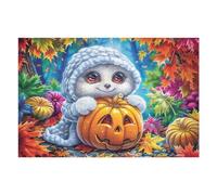 Citrouille d'halloween Tenant Un fantôme 1000 Pièces Puzzle Adolescent en Carton Rigide Kitten Pumpkin Autumn Difficulté Moyenne Activité Éducative Voyage Déplacement Cadeau Anniversaire Petit Prix 1