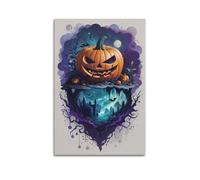 Citrouille géante avec scène de château hanté - Peintures décoratives d'Halloween - Décoration surréaliste - Poster artistique moderne à suspendre - 50 x 75 cm