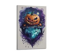 Citrouille géante avec scène de château hanté - Peintures décoratives d'Halloween - Décoration surréaliste - Poster artistique moderne à suspendre pour salon - 60 x 90 cm