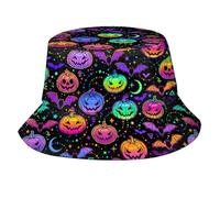Citrouilles d'halloween Multicolores, Chauves-Souris Et Étoiles (20 Pièces) Homme Femme Bucket Hat Léger Chapeau De Soleil Anti-UV Chapeau De Pêcheur pour Randonnée Camping Extérieur Vacances