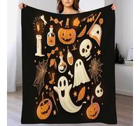 Citrouilles et fantômes Mignons Halloween en Flanelle Douce Légères Couvertures Toutes Saisons Jete de Canape pour Voyager, Lit ou Canapé (150 x 200cm,Automne) Orange et Noir