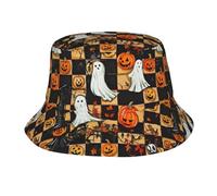 Citrouilles Fantômes À Damier pour Halloween Homme Femme Bucket Hat Confortable Chapeaux De Plage Respirant Chapeaux De Seau pour Été Shopping Voyage Jardinier