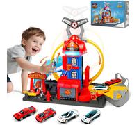 City Coffret Circuit Looping de Pompiers,Set Circuit Voitures avec 4 Voitures,Une Piste Élévatrice et des Effets Lumineux et Sonores,Jouet de Circuits Lanceur Enfant-dès 4 Ans
