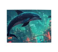 City Dolphins In The Night Sky Puzzle en bois de 500 pièces pour adultes - Puzzle stimulant pour jeu de taille 38,1 x 51,8 cm
