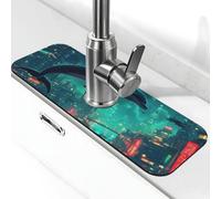 City Dolphins in the Night Sky Tapis de robinet anti-éclaboussures pour évier de cuisine, poignée de robinet attrape-gouttes pour salle de bain (38,1 x 14 cm)