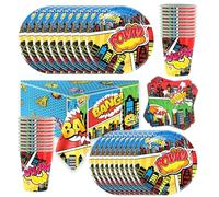 City Heroes Vaisselle de fête 61 pièces pour garçon super héros, assiettes, serviettes, tasses, nappe, décoration d'anniversaire d'enfant pour 20 personnes