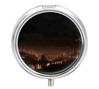 City in The Dark Pilulier de voyage à 3 compartiments 3 fois par jour - Joli mini pilulier pour sac à main et poche - Boîte à médicaments portable en métal avec miroir - Récipient rond pour