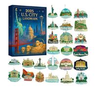 City Landmark Calendar Advent - 2D Flat Acrylic Pendant Christmas Countdown Calendar for Kids, Decorative Holiday Ornament Set, Reusable 2025 Gift Box Design for Home Window Door Fireplace Decor