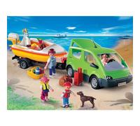 PLAYMOBIL - Voiture Familiale et bateau - 4 personnages - Remorque porte-bateau - Chien - Accessoires