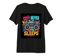 City Never Sleeps Retro Boombox Urban Music Lover T-Shirt Haut de Gamme