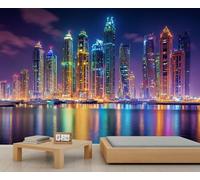 City Reflections - Papier peint mural New York - Papier peint néon pour chambre d'enfant, salon, chambre à coucher, canapé, arrière-plan TV - 400 x 280 cm