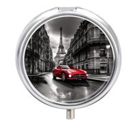City Street - Pilulier rouge à 3 compartiments avec miroir pour sac à main et poche - Organiseur de médicaments de voyage quotidien - Boîte à médicaments ronde en métal