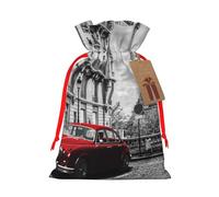 City Street Sacs à cordon de serrage avec cordon de serrage et ruban rouge rétro imprimé voiture rétro - Pochettes cadeaux réutilisables en toile de jute avec cordon de serrage, M