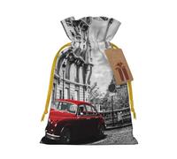 City Street Sacs de Noël rétro avec cordon de serrage et ruban de Noël jaune - Pochettes cadeaux réutilisables en toile de jute avec cordon de serrage, S