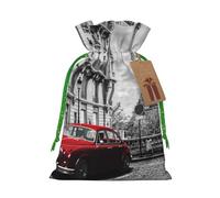 City Street Sacs de Noël rétro avec cordon de serrage et ruban de Noël vert - Pochettes cadeaux réutilisables en toile de jute avec cordon de serrage, taille M