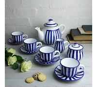 City to Cottage | Service à thé pour quatre | à rayures bleu marine et blanches en céramique fait et peint à la main | grande théière 1,7L 4-6 tasses, pot à lait, sucrier, quatre tasses et sous tasses