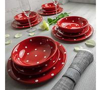 City to Cottage Service de table 12 pièces en céramique peint à la main Rouge et blanc à pois Service de vaisselle pour 4 personnes Assiettes plates Assiettes à dessert Bols